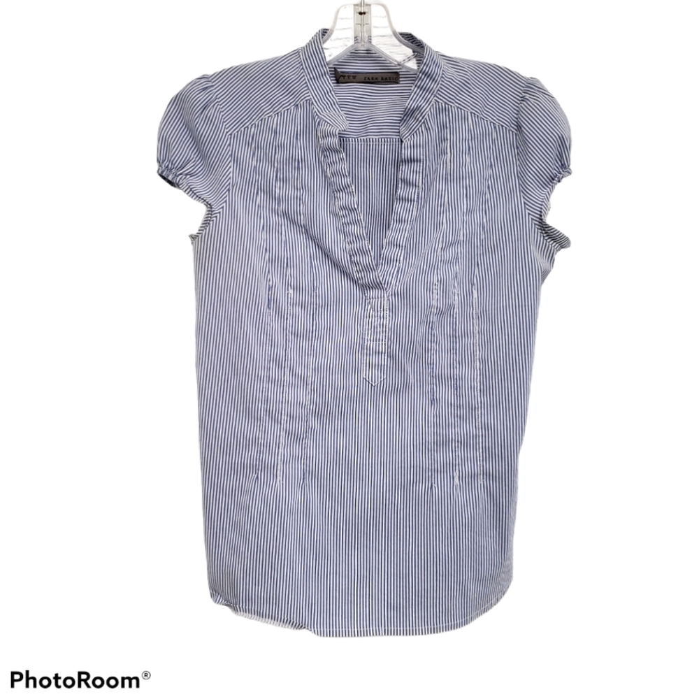 Striped Zara Basic Blouse with Puff Sleeves